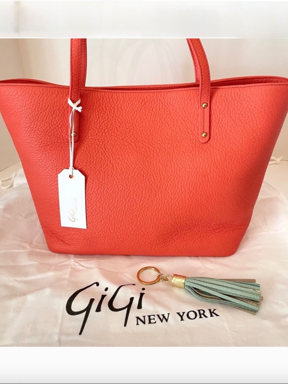 GIGI NEW YORK Made in USA Taylor Pebbled Leather Tote Tassel Key Fob Salmon